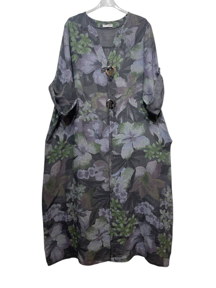 LINEN & COTTON HOUSE - Wholesale Dress - Women's - LINEN DRESS WITH FLORAL PATTERN WITH SIDE POCKETS 94127