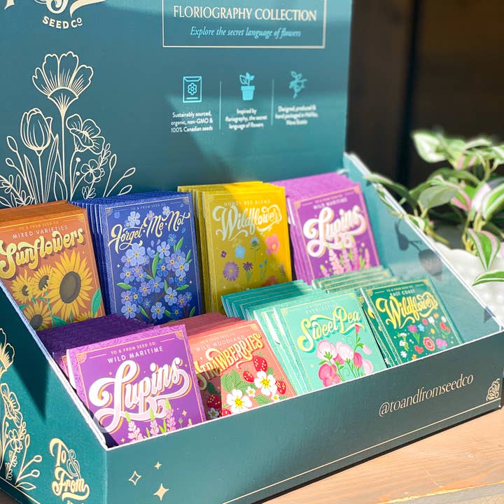 To & From Gift Co. - Wholesale Retailer Display Stand/Case - Floriography Seed Packet Countertop Display (EMPTY)
