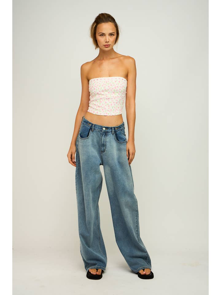 Date With Jannie DITSY FLORAL LACE TRIM BACK ZIPPER TUBE CROP TOP for wholesale on Faire