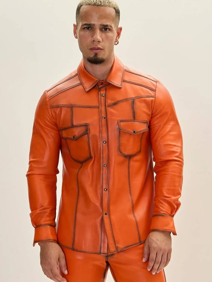 Men's Genuine Lambskin Leather Shirt - Orange Tint for wholesale by Ron Tomson