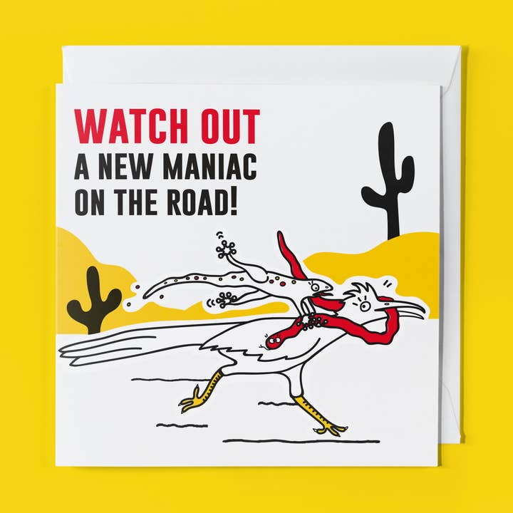 Carte de vœux pour animaux : Attention ! (Un nouveau maniaque sur la route) pour la vente par THE BEASTY FARM