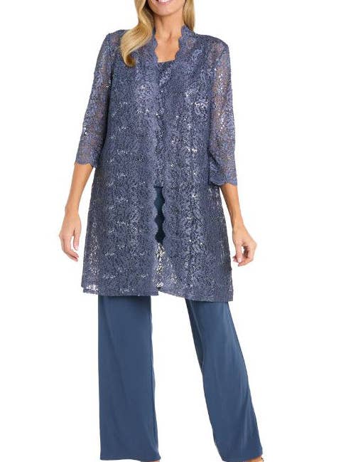 Conjunto de pantalón y top de encaje metálico de R&M Richards con chaqueta de encaje transparente para venta al por mayor de Immediate Apparel