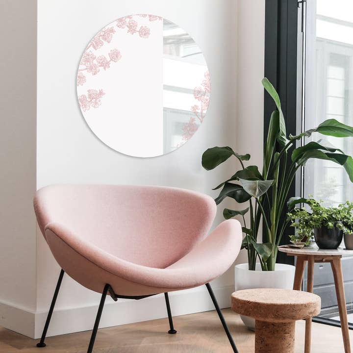 Large round mirror with Prunus Amygdalus flowers. Pink XL for wholesale by BiCA-Good Morning Design