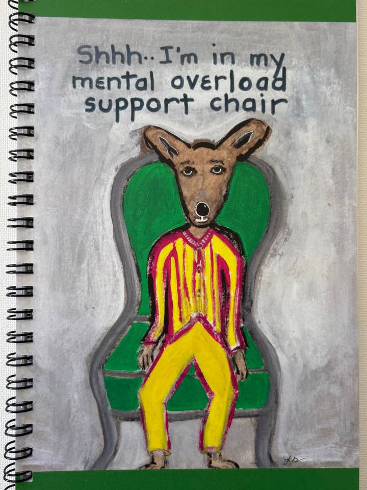 Shhhh funny dog in mental overload support chair notebook for wholesale by Bernie Street Studios