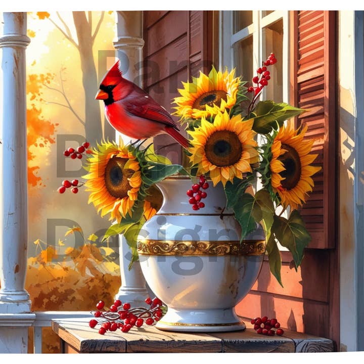 Rice Paper for Decoupage - Cardinal and Sunflowers on Autumn Porch - Arts and Craft Supply for DIY D256 for wholesale by Pam Branch Designs, L.L.C.