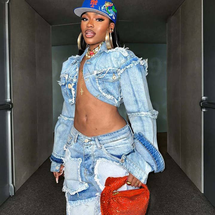 Retro Washed Distressed Patchwork Denim Suit for Trendsetters and other Purchase Wholesale abiti. Free Returns & Net 60 Terms on Faire trending on Faire.