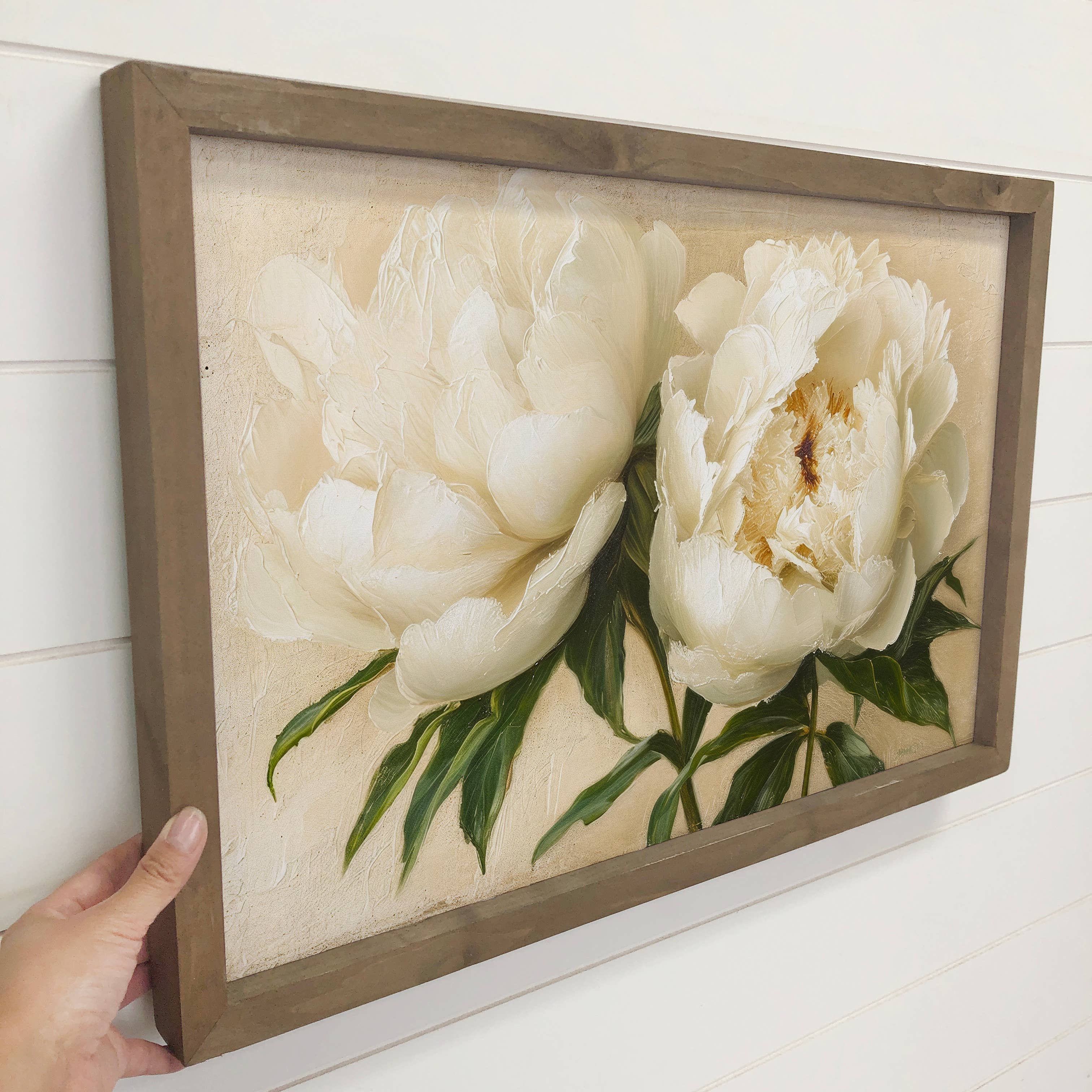 Hangout Home - Wholesale Sign - White Cream Peonies Wall Art Print with Wood Frame2
