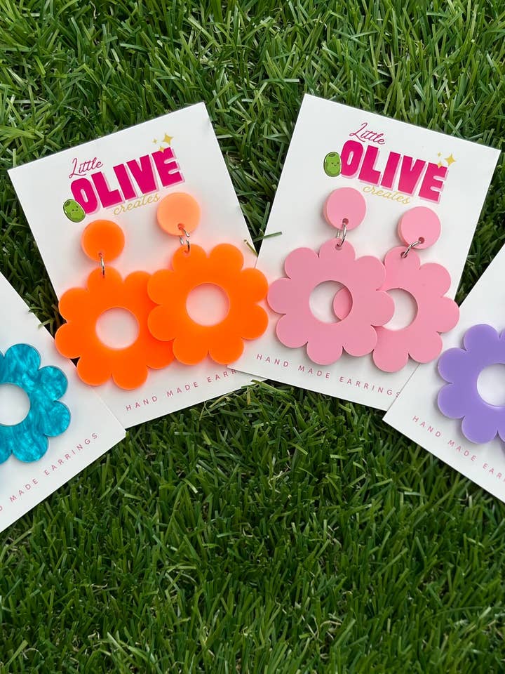 Retro Flower Power '60s Dangle Earrings Stainless Posts for wholesale by Little Olive Creates