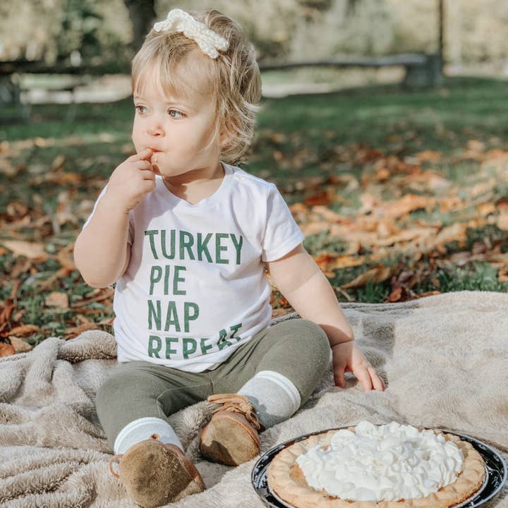 TURKEY PIE NAP REPEAT FUNNY KIDS SHIRT THANKSGIVING FALL for wholesale by Ice Cream Life
