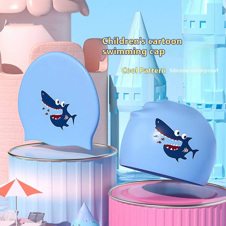 Blue Boys' Silicone Swim Cap – Cute Shark Print_CWMM6784 for wholesale on Faire