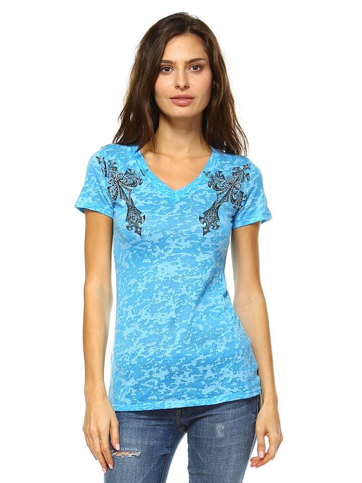 Burnout tee with Front and Back Cross tattoo Graphic design for wholesale by Urban X Apparel