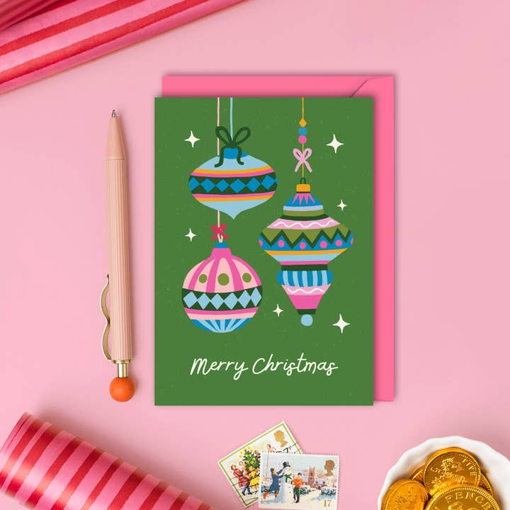 Bauble Christmas Card | Holiday Card | Vintage Seasonal Card for wholesale by Natalie Lea Owen