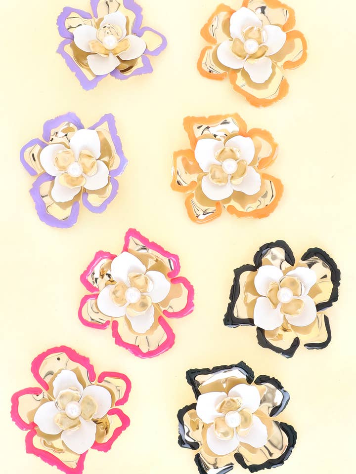 Enamel Coated Contrast Trim Flower w/ Pearl Center Earrings for wholesale by SP Sophia Collection