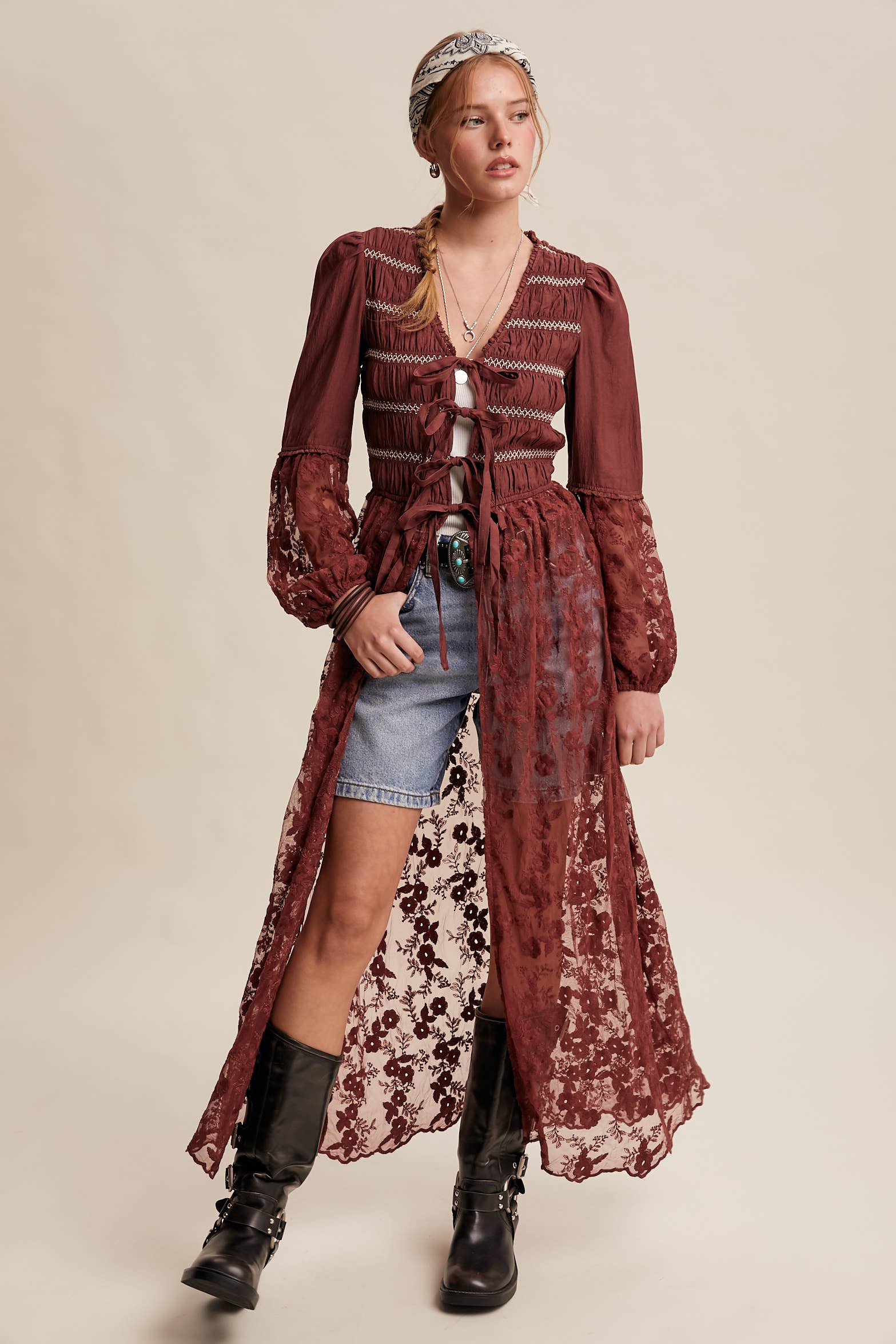 Listicle - Wholesale Kimono - Women's - Lace-Up Embroidered Maxi Kimono LJ02619