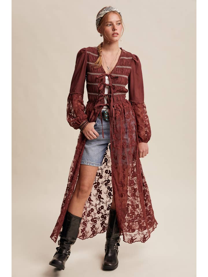 Listicle - Wholesale Kimono - Women's - Lace-Up Embroidered Maxi Kimono LJ02619