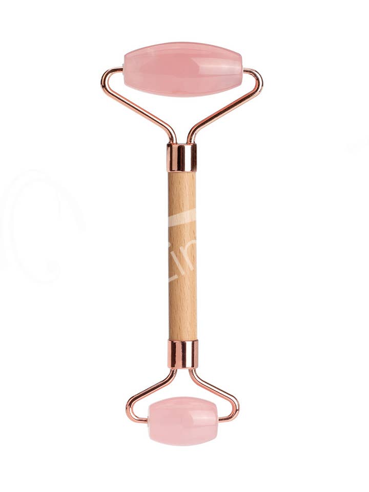 (PC)MASSAGER ROLLER - WOODEN HANDLE ROSE QUARTZ 5.75"L for wholesale by Oceanic Linkways Inc