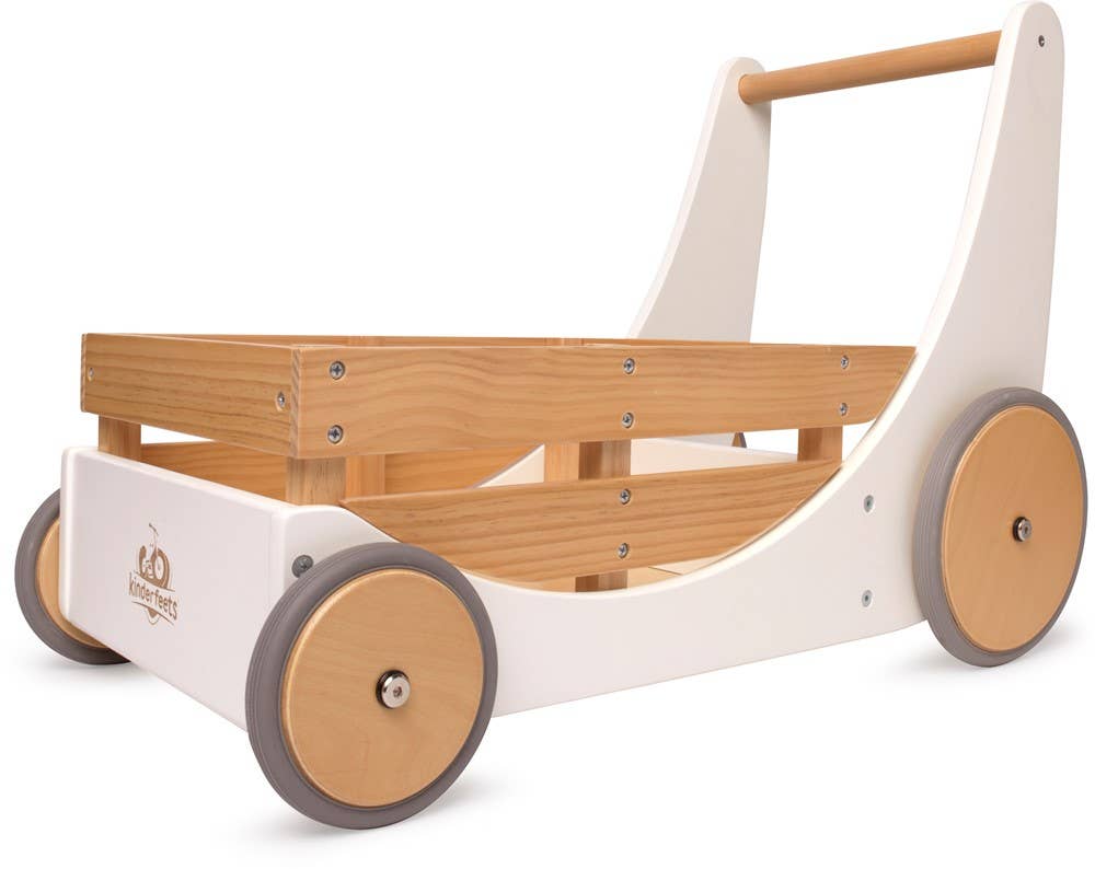 Kinderfeets NL – Brinquedo de madeira - Crianças por atacado – Carrinho de armazenamento 2 em 1 e andador de madeira Kinderfeets - branco1