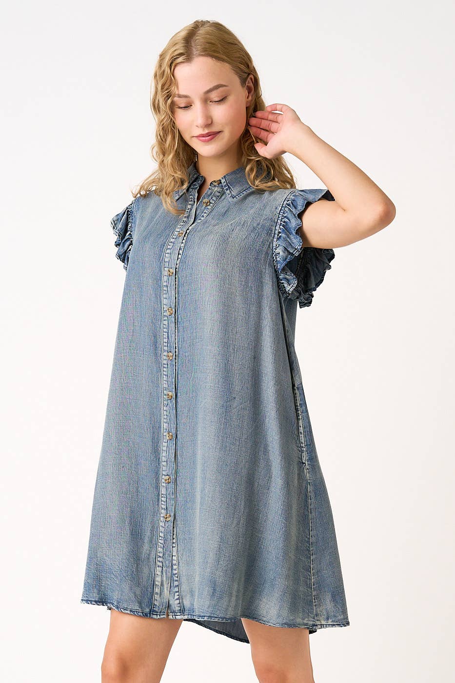 mittoshop - Wholesale Dress - Women's - WASHED CHAMBRAY RUFFLE SLEEVE BUTTONED MINI DRESS7