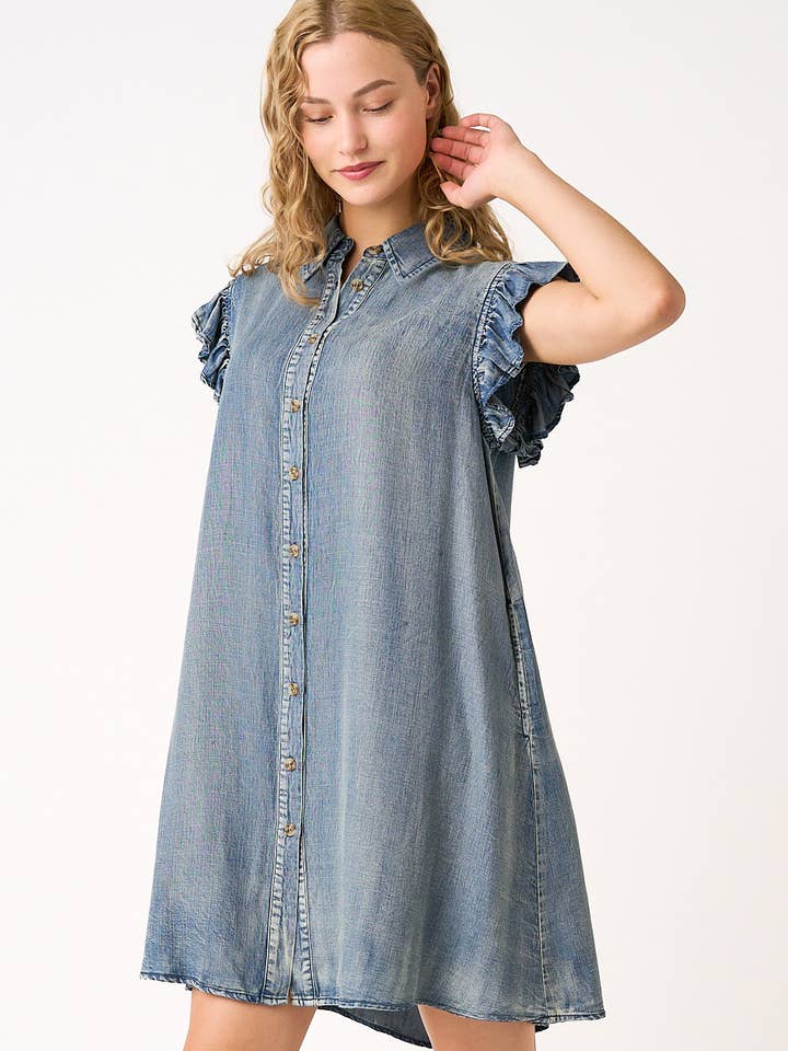 mittoshop - Wholesale Dress - Women's - WASHED CHAMBRAY RUFFLE SLEEVE BUTTONED MINI DRESS7