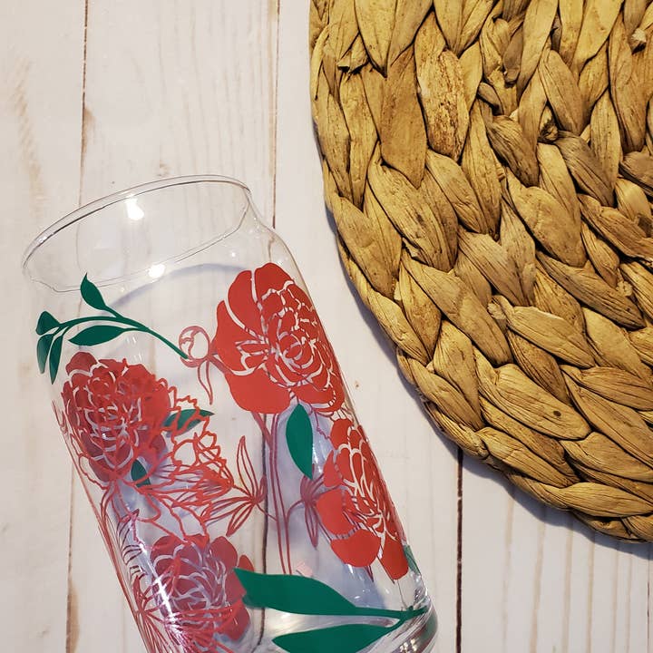 Coupe de canette en verre à fleurs pivoines pour la vente par Homemade by Hunt
