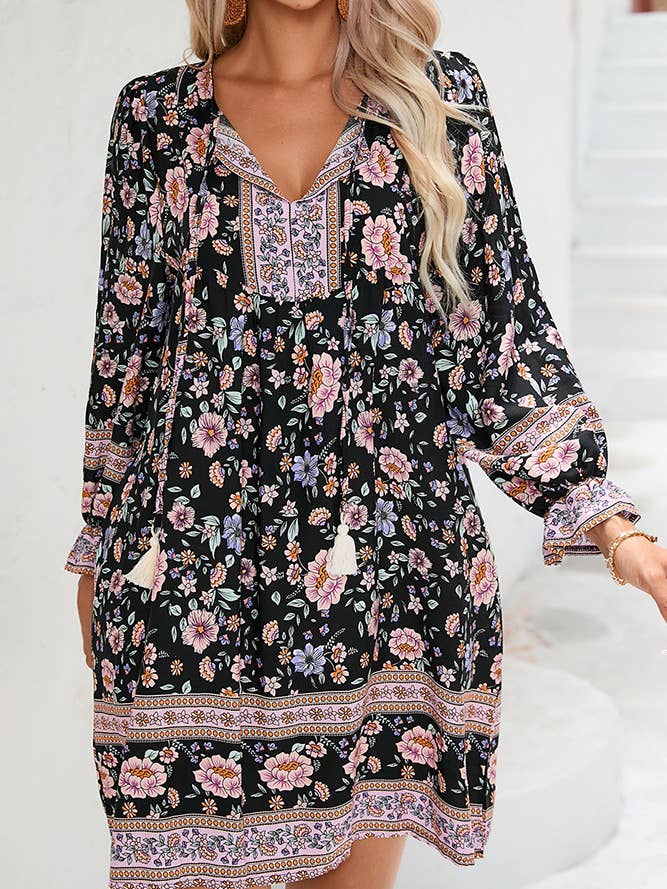 Split V Neck Black Floral Dress ZK467 for wholesale on Faire