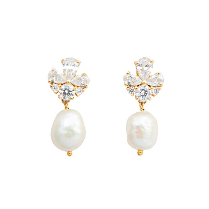 GISELLE MINI // Gold cubic zirconia and freshwater pearl earrings for wholesale by Emilia Rae Jewellery
