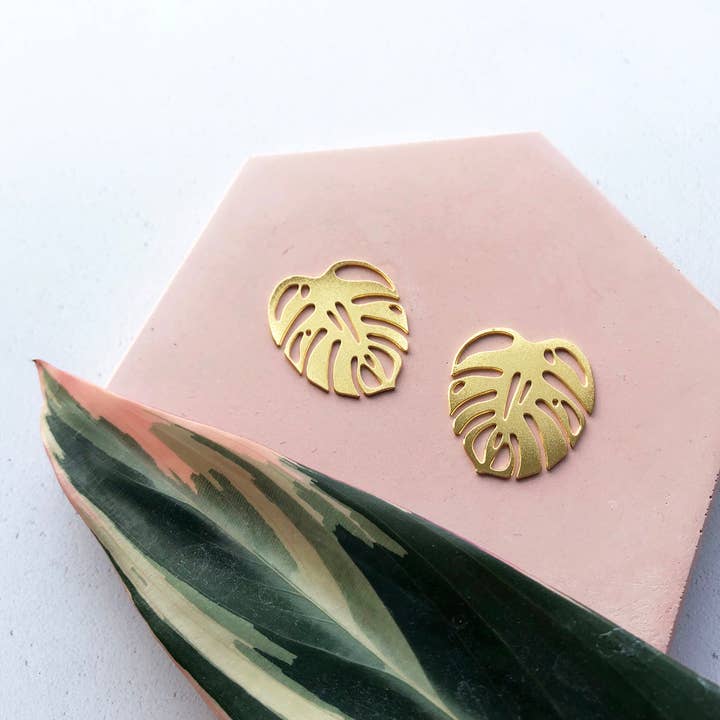 Gold Monstera Leaf Houseplant Stud Earrings for wholesale by MicaPeet