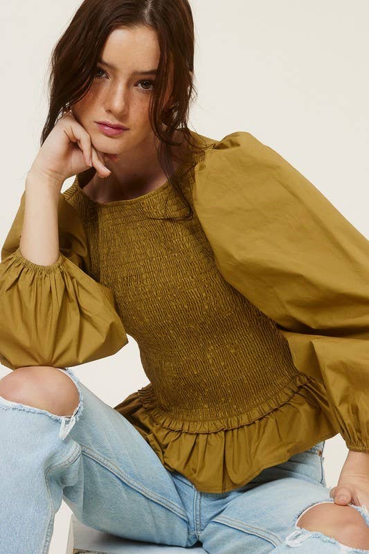 Mimosa - Wholesale Blouse - Women's - Puff Sleeve Ruched Peplum Blouse3