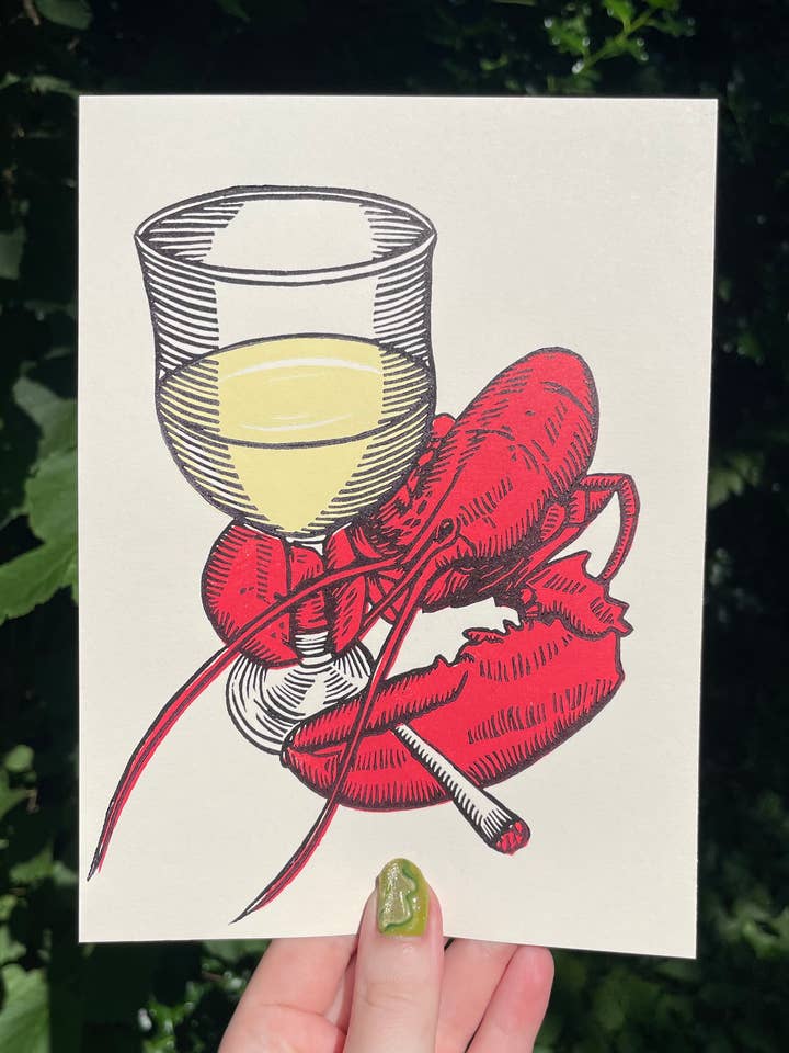 Impression en linogravure de homard de fête pour la vente par Augury Press