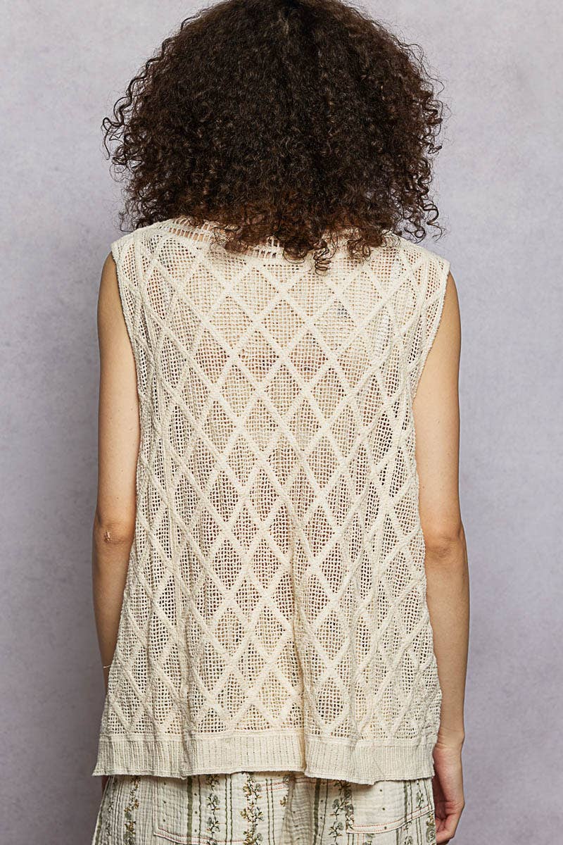 Pol Clothing - Wholesale Knit Top - Women's - V-neck Diamond Weave Crochet Sleeveless Knit Top 26