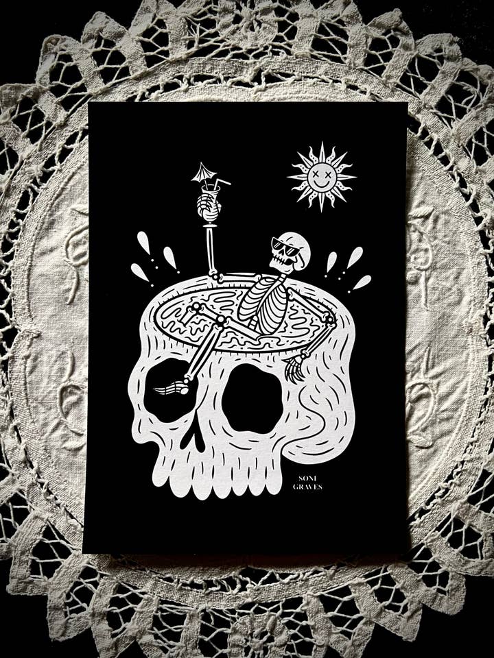 Pool Chilling Print, 5x7", Spooky Gothic Dark Summer Art for wholesale by Soni Graves