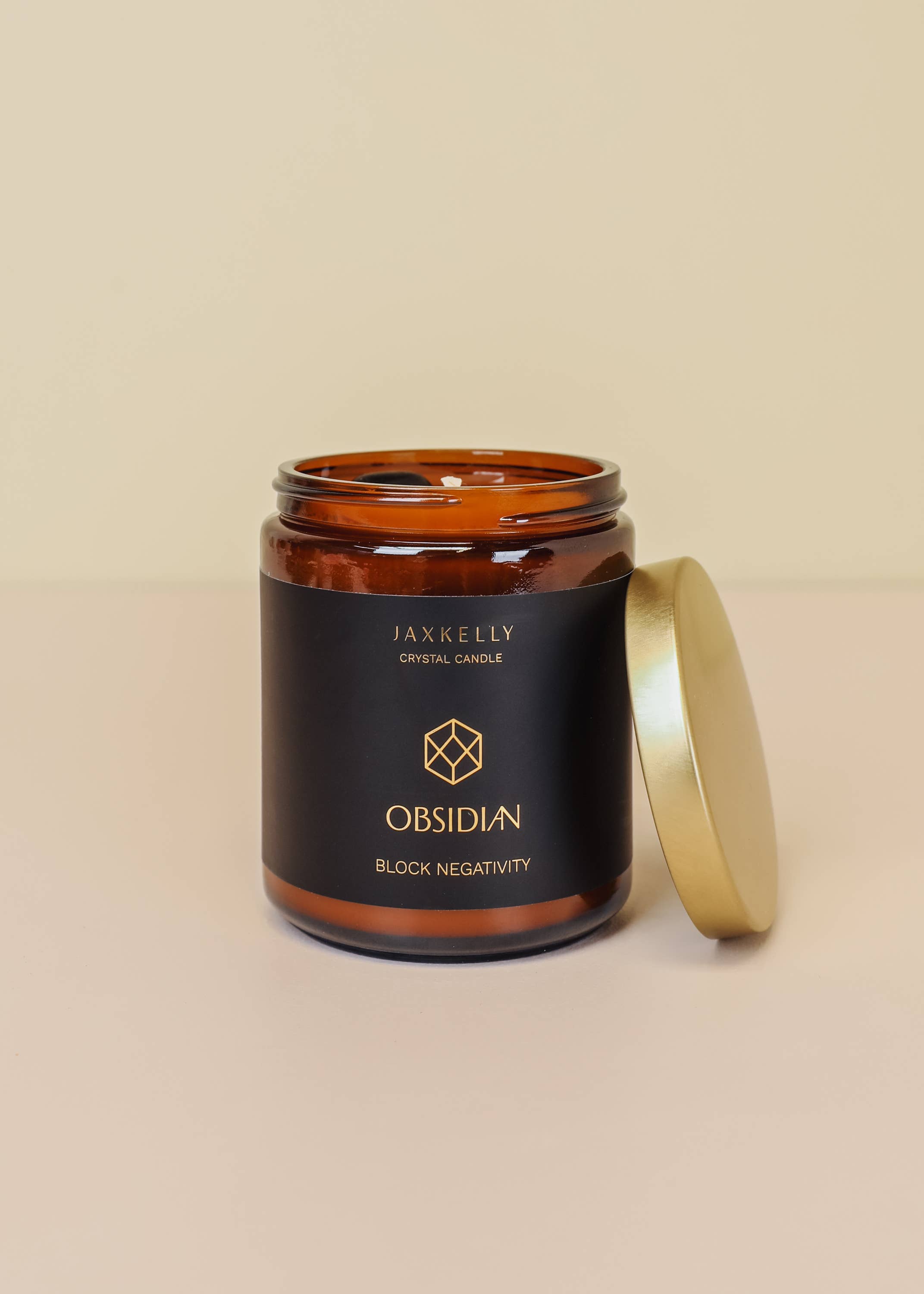 JaxKelly Candles - Wholesale Jar/Filled Candle - 9oz Amber Crystal Candles - Obsidian - Block Negativity
