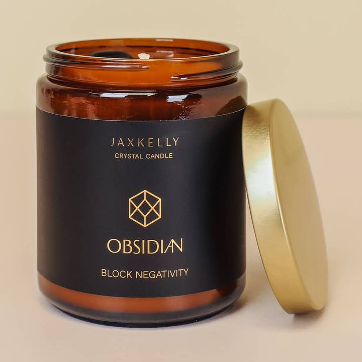 JaxKelly Candles - Wholesale Jar/Filled Candle - 9oz Amber Crystal Candles - Obsidian - Block Negativity0
