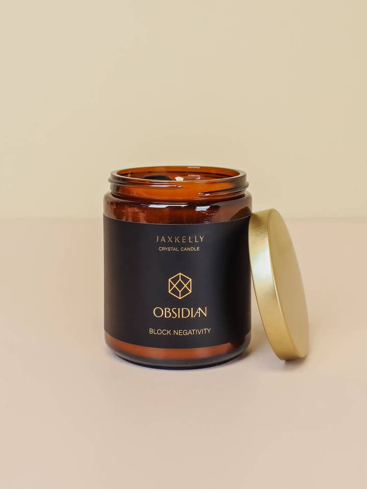 9oz Amber Crystal Candles - Obsidian - Block Negativity for wholesale by JaxKelly Candles