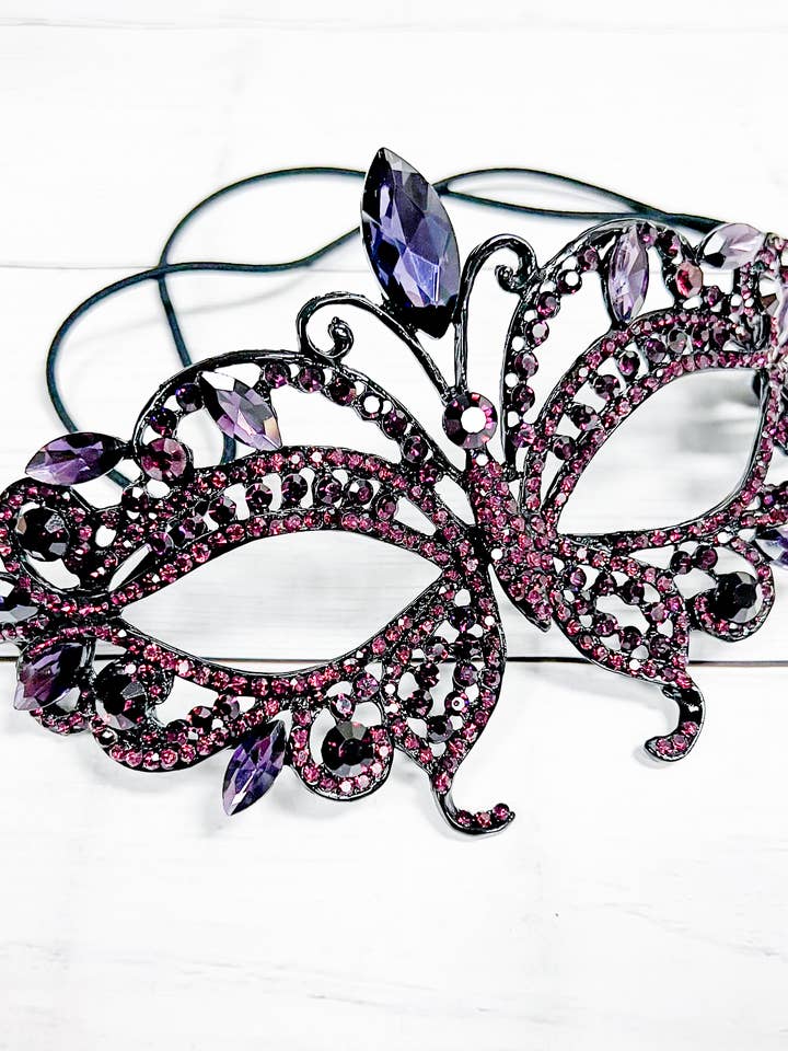 Happy Dream Gifts - Wholesale Costume - Unisex - Purple Crystal Masquerade Mask, Black Party Mask, Prom Mask