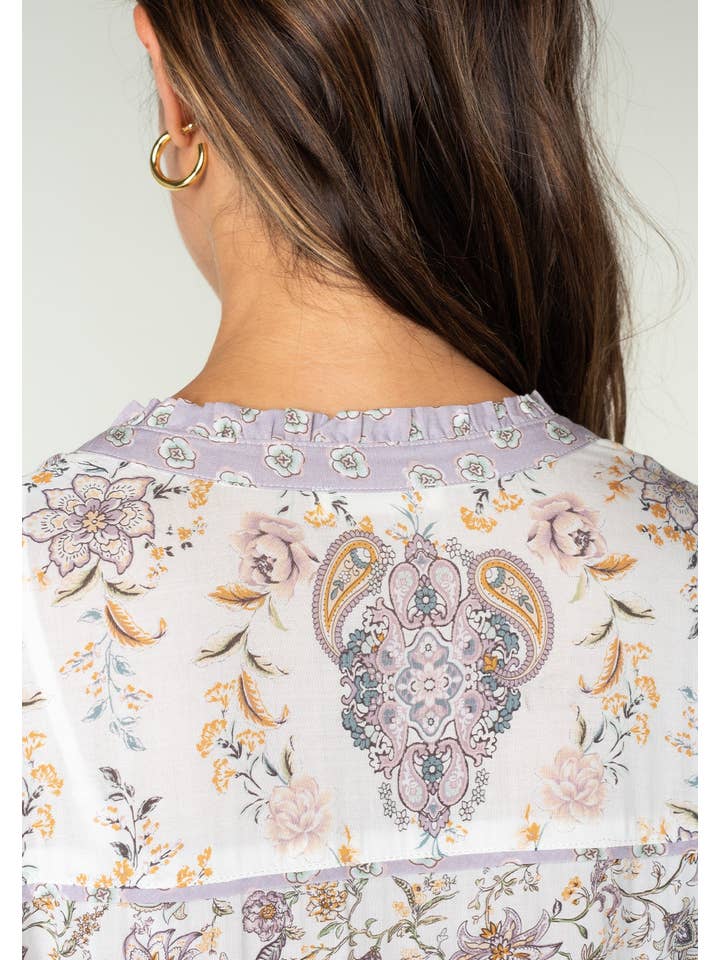 Natural Dusty Lilac Floral Long Sleeve Peasant Mini Shift Dress for wholesale on Faire