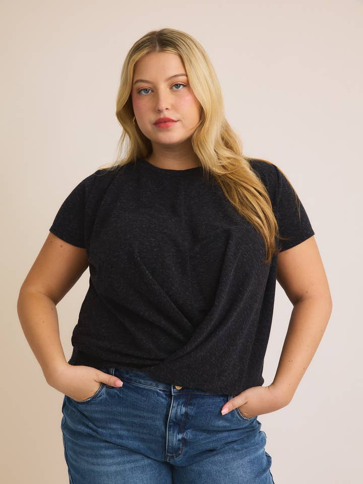 GILLI - Wholesale Shirt - Women's - **PLUS** ROUND NECK FRONT TWIST SHORT SLEEVE TOP