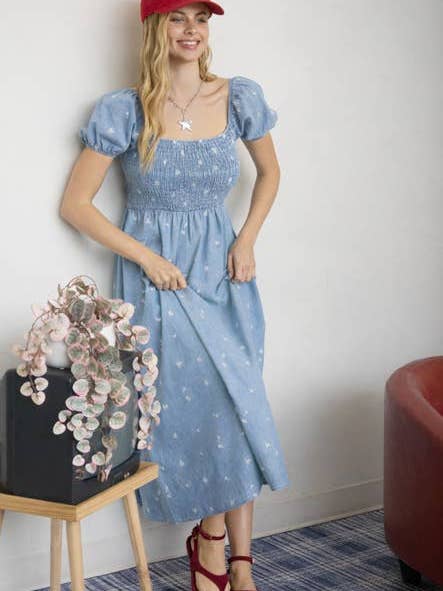 FLORAL EMBROIDERY SMOCKED DENIM MIDI DRESS for wholesale by MINE