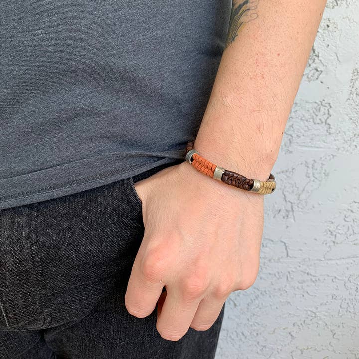 Anju Jewelry - Wholesale Beaded Bracelet - Aadi Brown and Orange Leather and Metal Beads Bracelet1