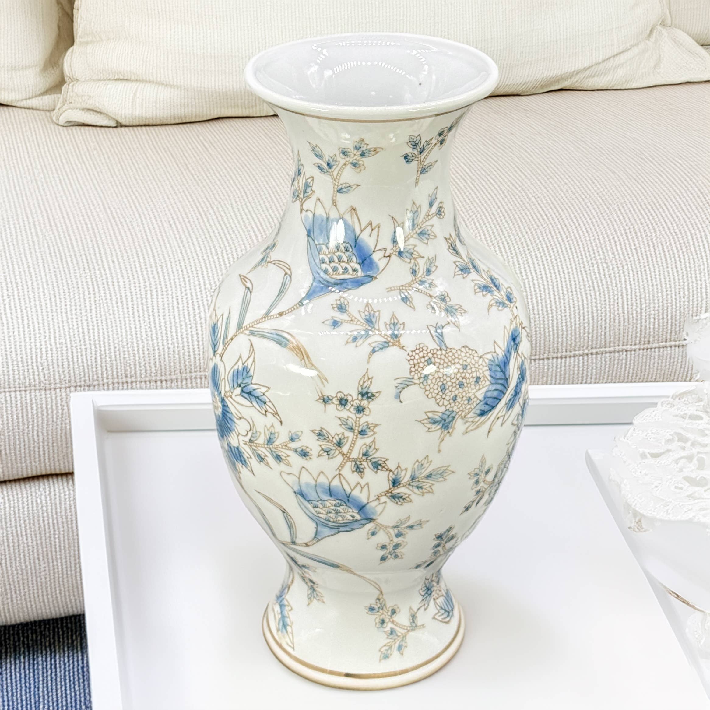 Galt International Company - Wholesale Vase - White and Blue Chinoiserie Indoor Ceramic  Vase 14"5