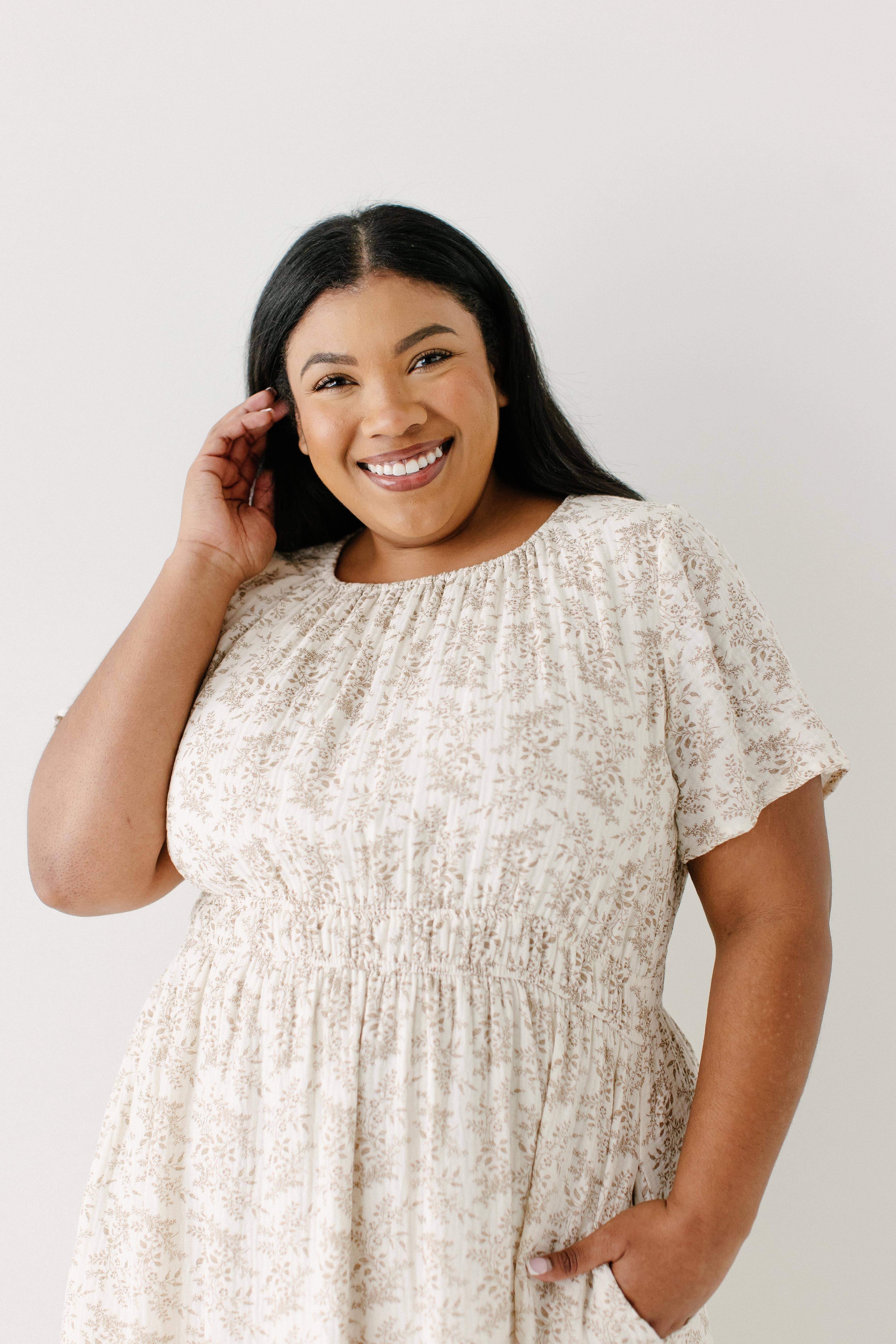 Ivory 'Cynthia' Botanical Print Cotton Gauze Midi Dress for wholesale on Faire7