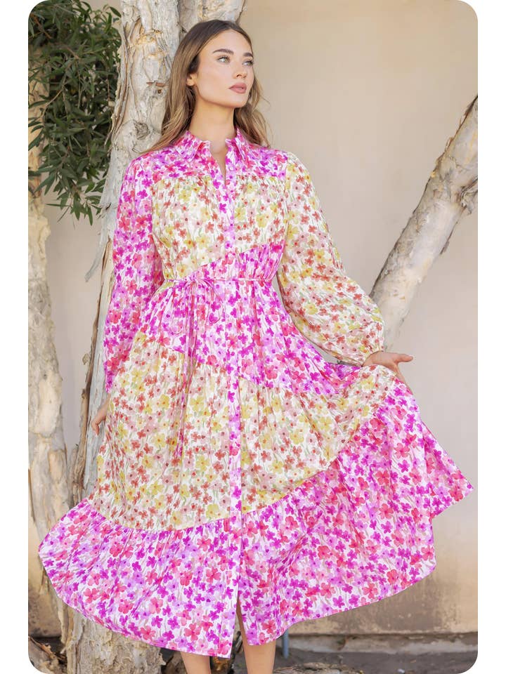 Pink chartreuse Asymmetric Tiered Cotton Voile Midi Shirt Dress for wholesale on Faire6