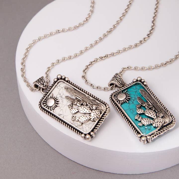 Western Turquoise Desert Cactus Bar Pendant Necklace for wholesale by SP Sophia Collection