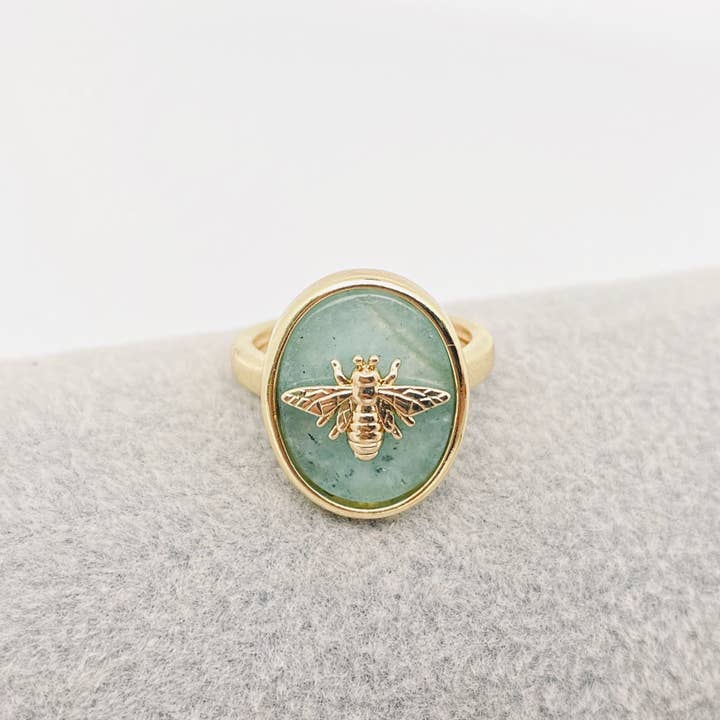 Mio Queena - Wholesale Cocktail/Statement Ring - Natural Stone Golden Bee Opening Adjustable Ring - CS