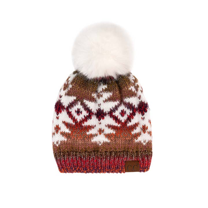 Truly Contagious - Wholesale Beanie - Women's - CC Beanie Wholesale Multi Yarn Aztec Beanie Hat with Ivory Faux Fur - HAT-2093 - Contagious Wholesale3