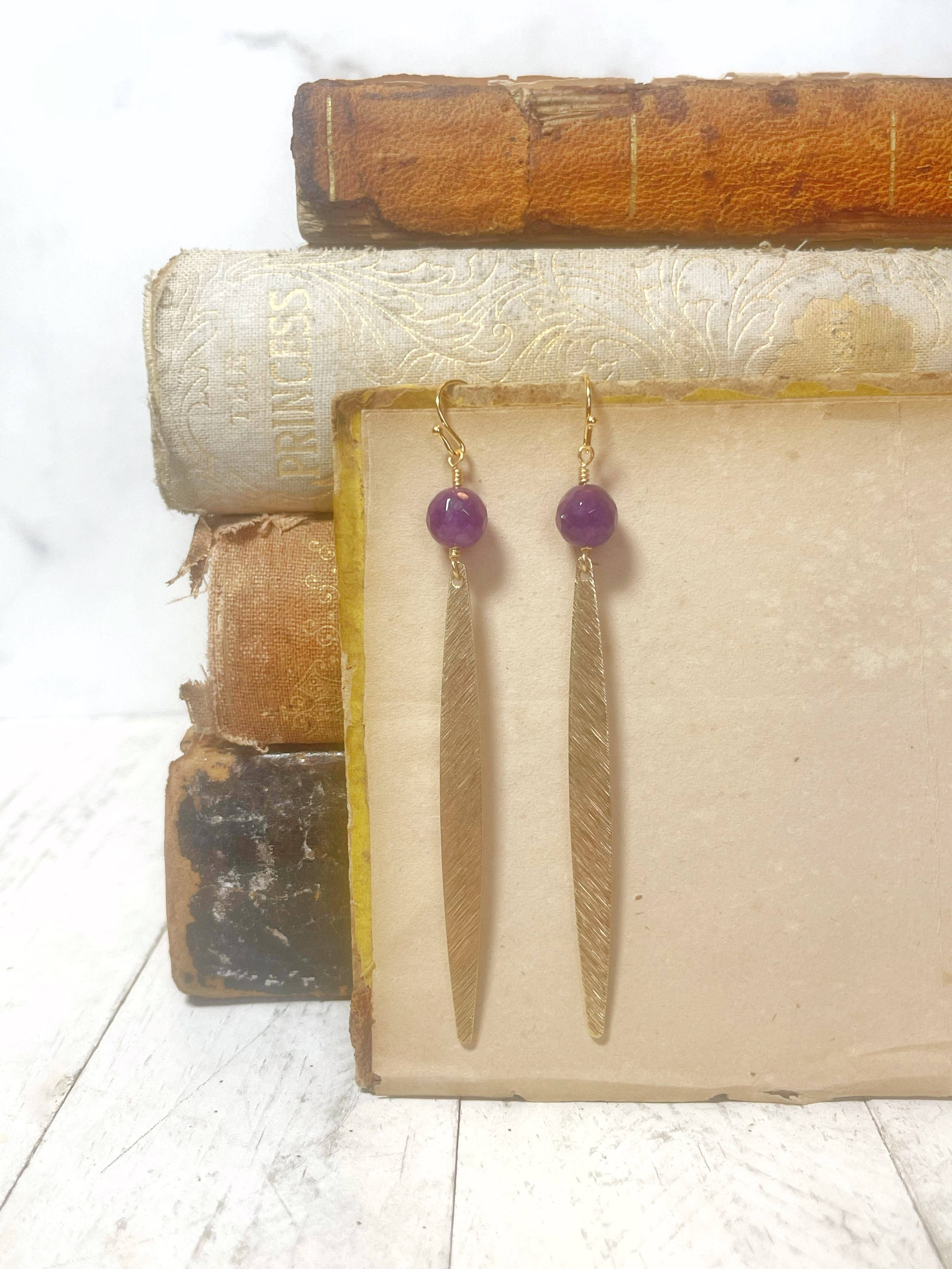 Rage Gems & Jewelry - Wholesale Dangle Earrings - Purple Quartz & Gold Textured Stick Earrings2