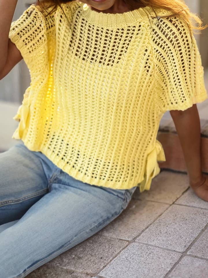 1 the Woman - Wholesale Knit Sweater - Women's - Hollow-out Crochet Side Tied Short Sleeve Sweater