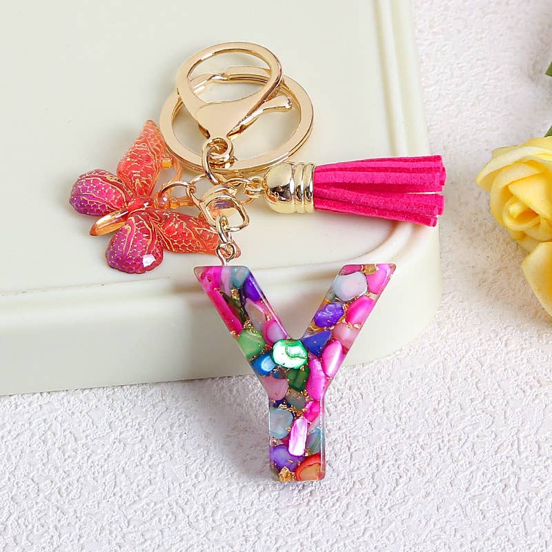 MKS America - Wholesale Keychain - Women's - Glitter Butterfly 26 English Letter Tassel Resin Keychain24
