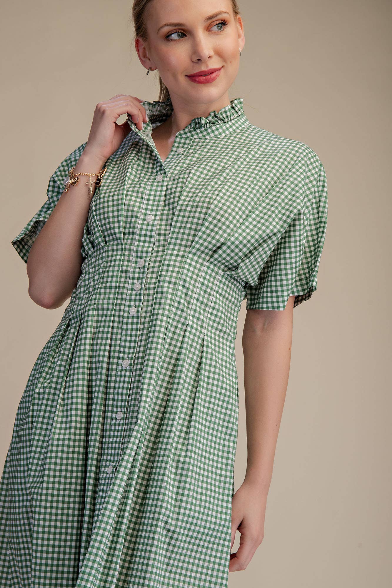 Glam - Wholesale Dress - Women's - Gingham Check Ruffle Neck Waist Pleated Midi Dress6