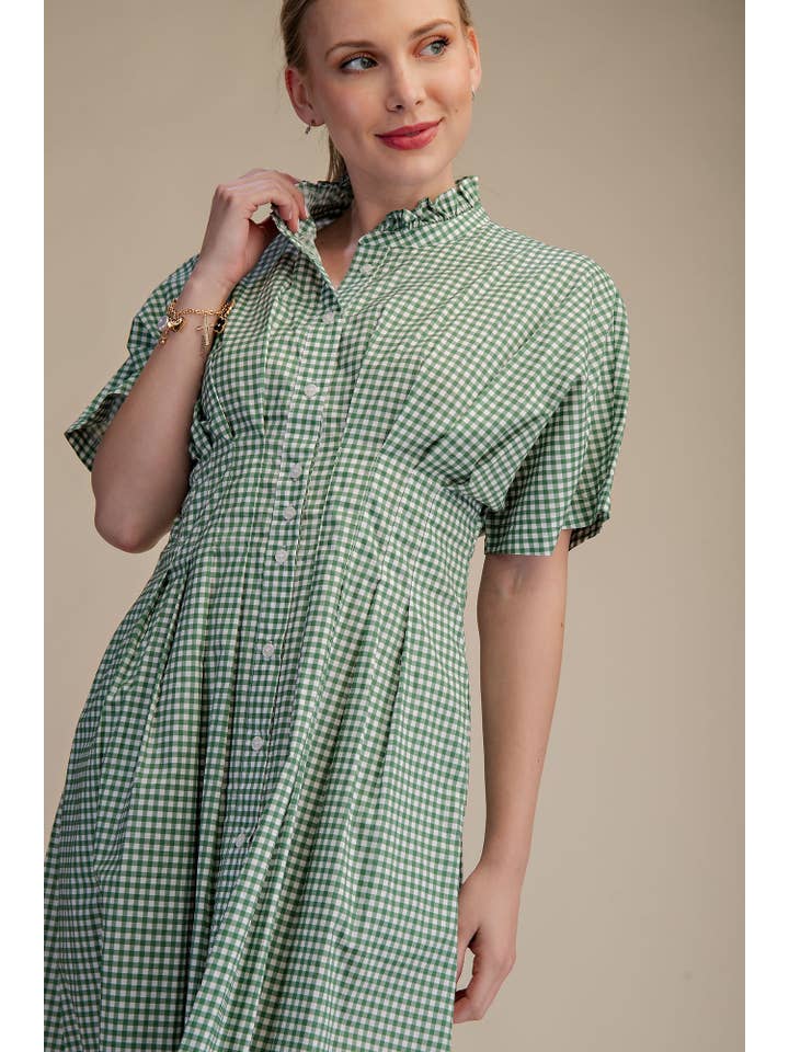 Glam - Wholesale Dress - Women's - Gingham Check Ruffle Neck Waist Pleated Midi Dress6